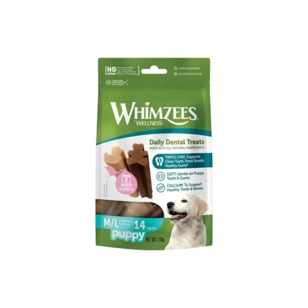 Bolsa WHIMZEES Cachorros M/L 14 Uds – Juguetes Dentales Naturales para Perros