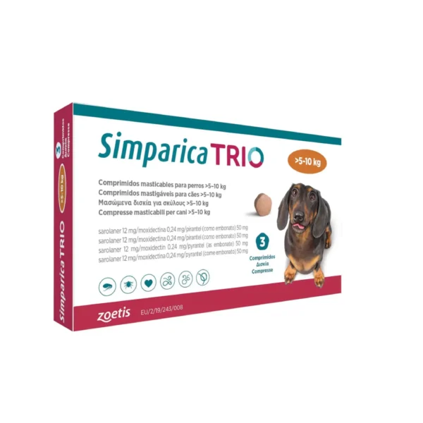 Simparica Trio 5-10 kg – Antiparasitario para Perros | Pulgas, Garrapatas, Lombrices y Gusano del Corazón | Caja 3 Comprimidos Masticables